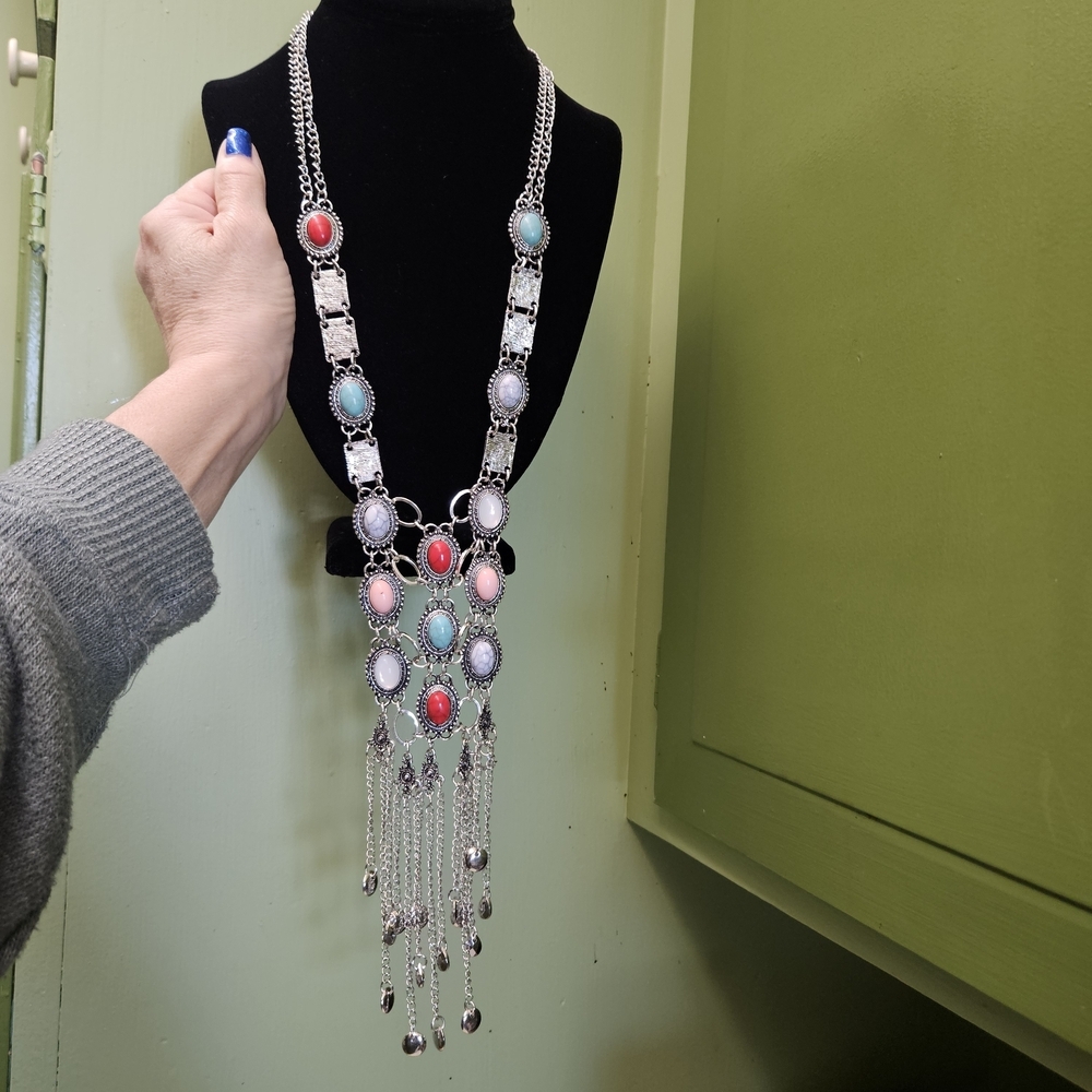Silver Statement Necklace Maximalism Jewelry Multicolor Stones Antique Silver - Picture 4 of 7